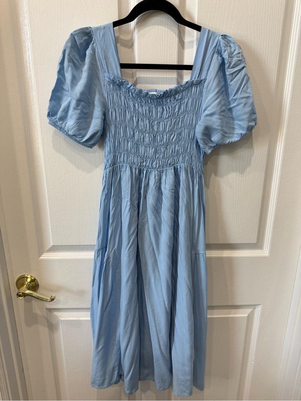 Light Blue Puff Sleeve Smocked Midi Dress